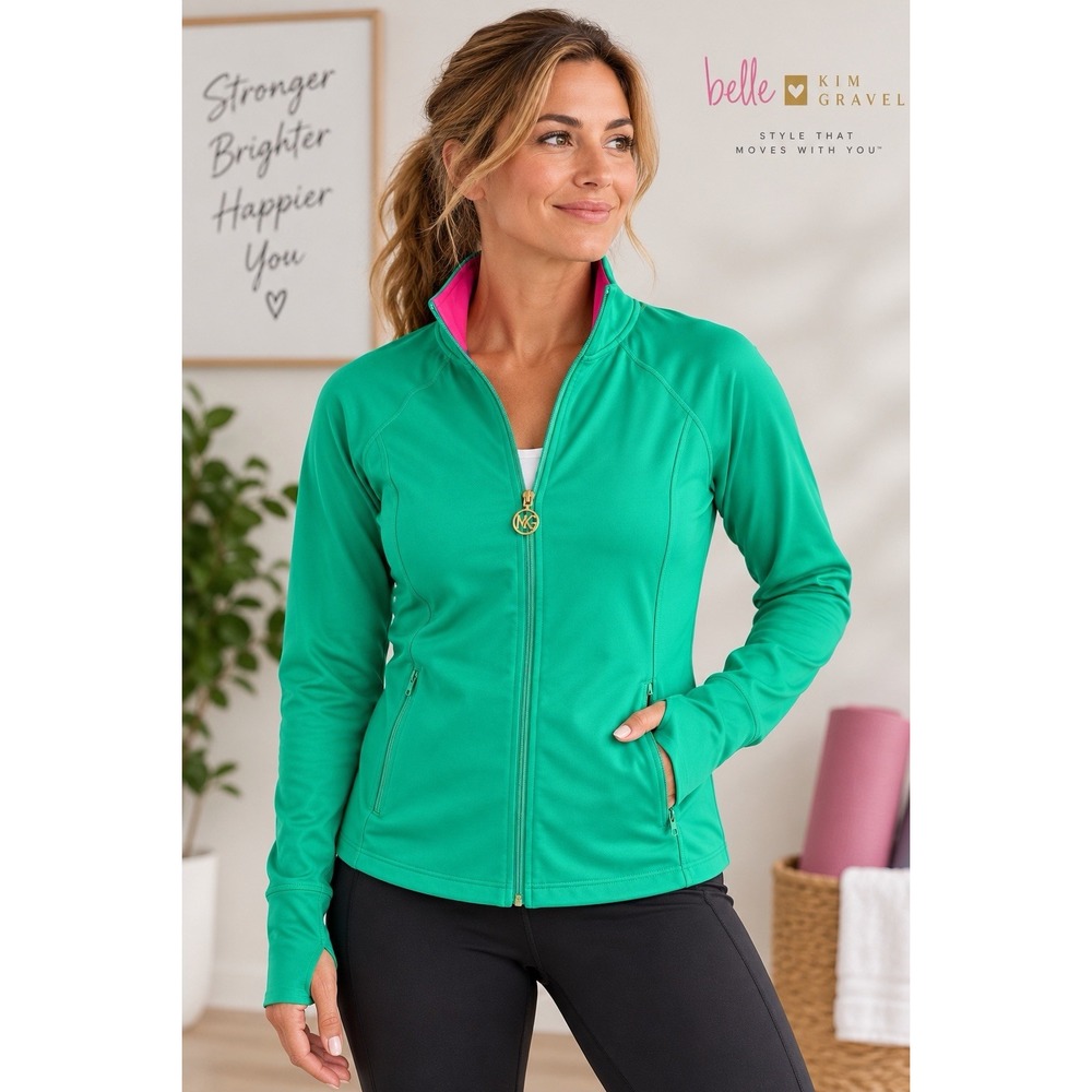Belle by Kim Gravel Women's M Green Full Zip Active Jacket Pink Thumbholes
